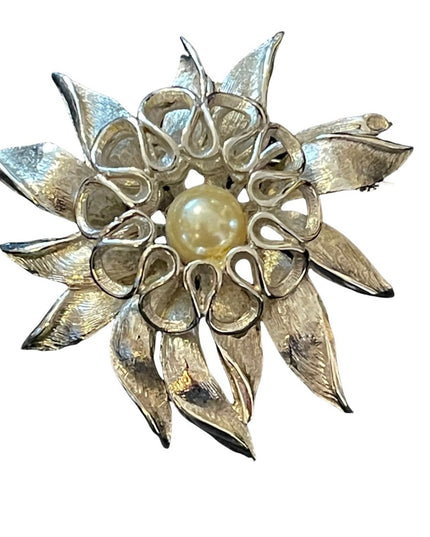 Vintage brushed silver faux pearl large fancy flower brooch