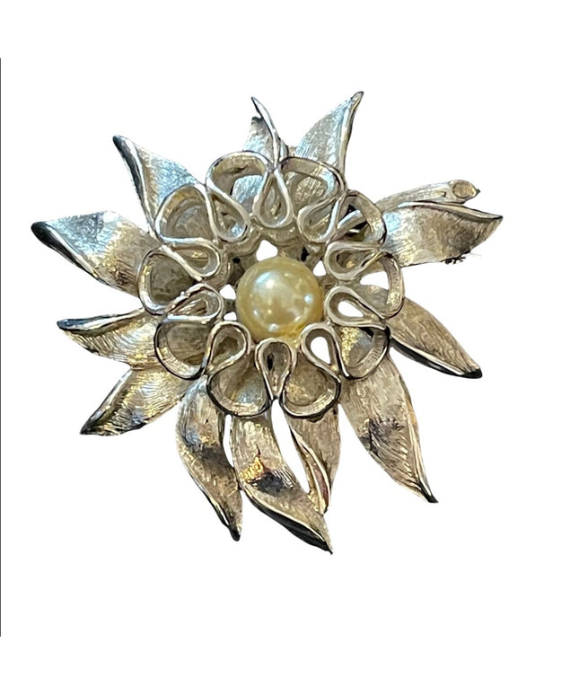Vintage brushed silver faux pearl large fancy flower brooch