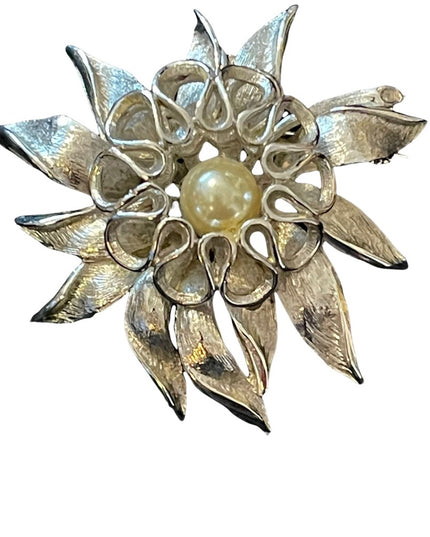 Vintage brushed silver faux pearl large fancy flower brooch