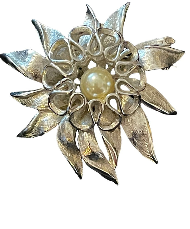 Vintage brushed silver faux pearl large fancy flower brooch