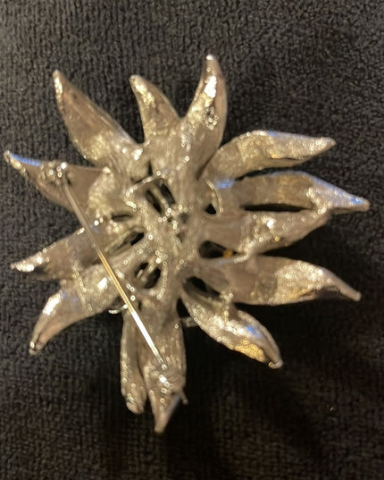 Vintage brushed silver faux pearl large fancy flower brooch