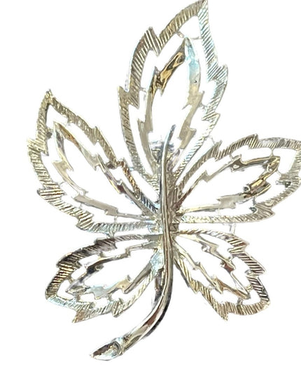 Fancy brushed silver large maple leaf brooch