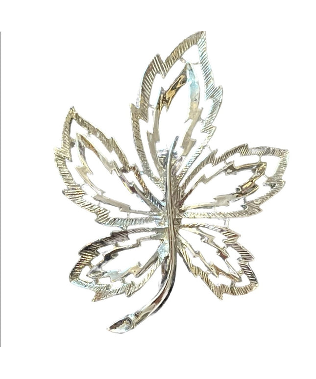 Fancy brushed silver large maple leaf brooch