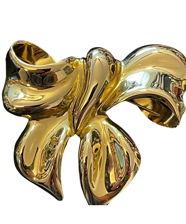 Large fancy shiny gold finish BOW brooch