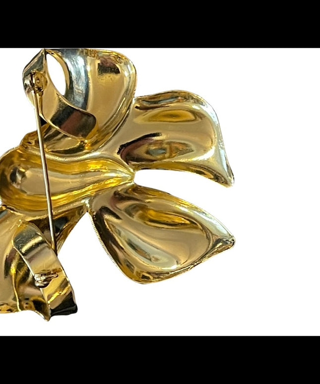 Large fancy shiny gold finish BOW brooch