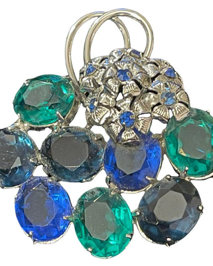 Vintage blue & green fancy crystal bouquet flower brooch