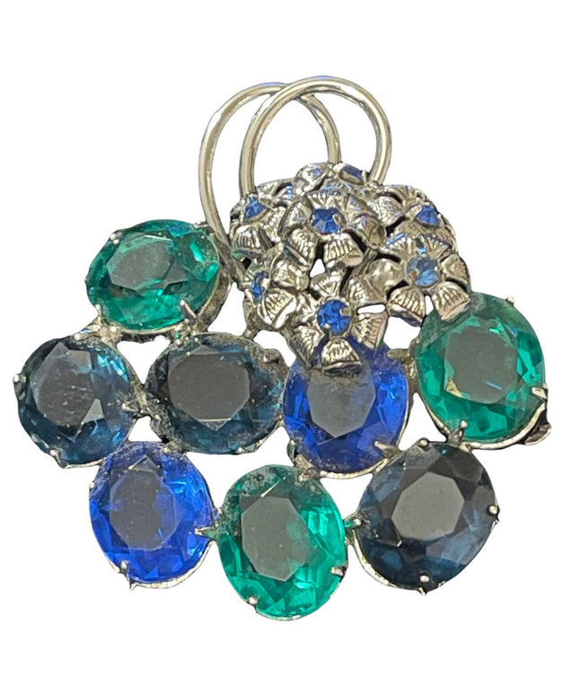 Vintage blue & green fancy crystal bouquet flower brooch