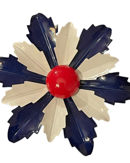 LARGE 2.5” Vintage red white blue fancy metal flower brooch
