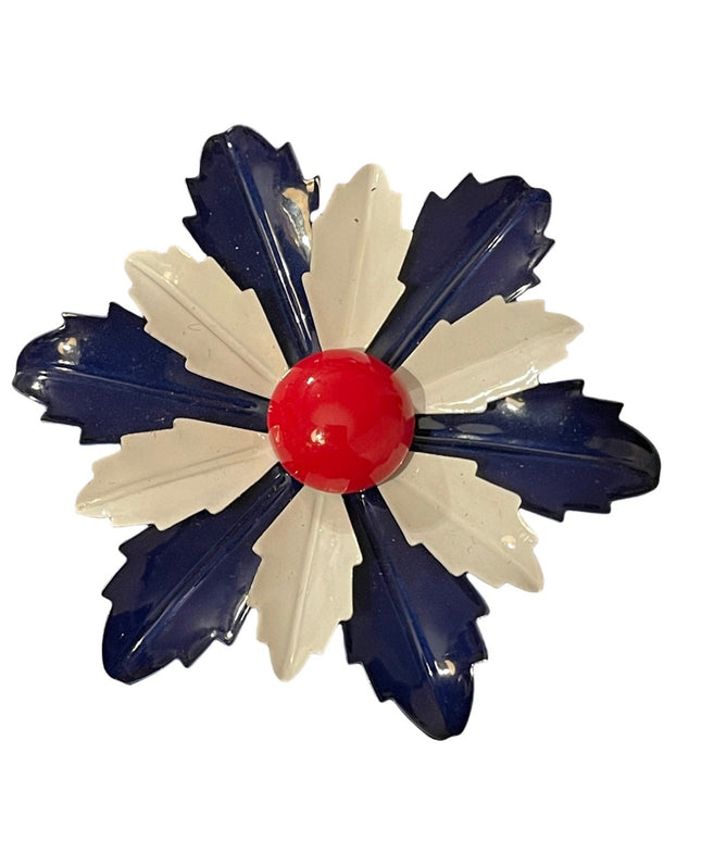 LARGE 2.5” Vintage red white blue fancy metal flower brooch