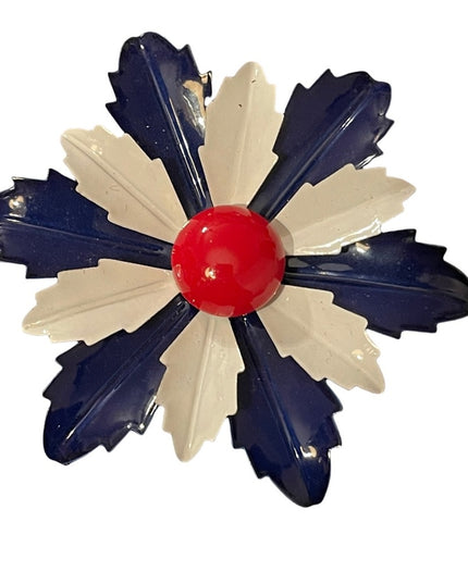 LARGE 2.5” Vintage red white blue fancy metal flower brooch