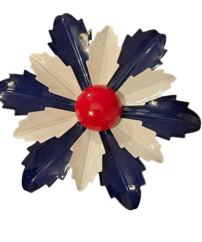 LARGE 2.5” Vintage red white blue fancy metal flower brooch