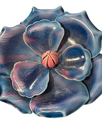 Vintage LARGE pink & blue fancy metal flower brooch