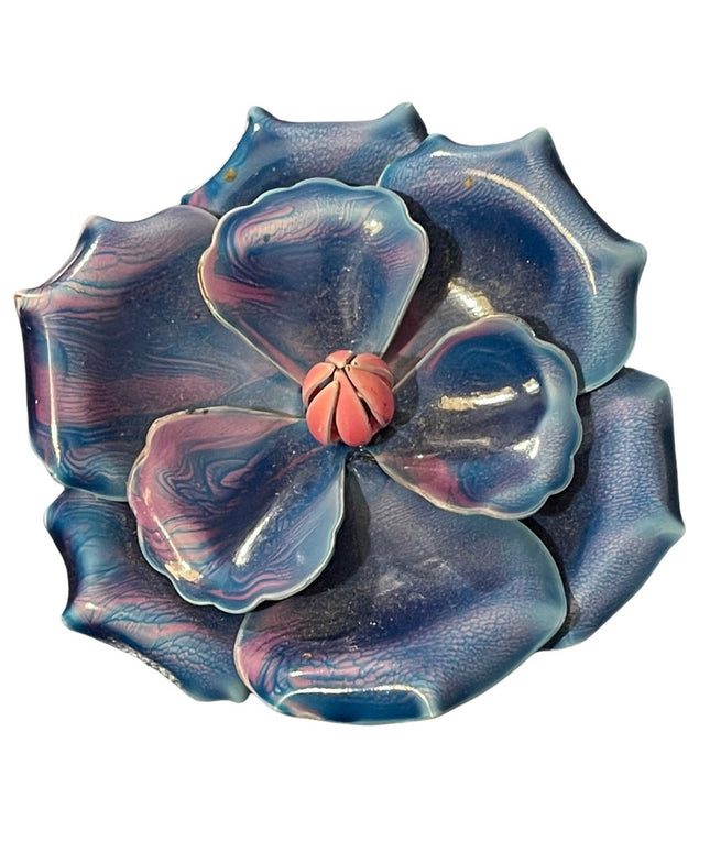 Vintage LARGE pink & blue fancy metal flower brooch