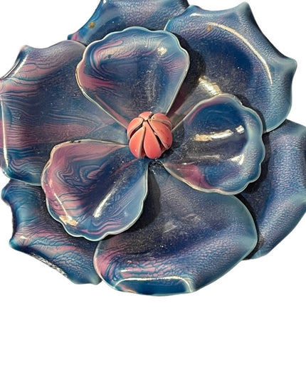 Vintage LARGE pink & blue fancy metal flower brooch