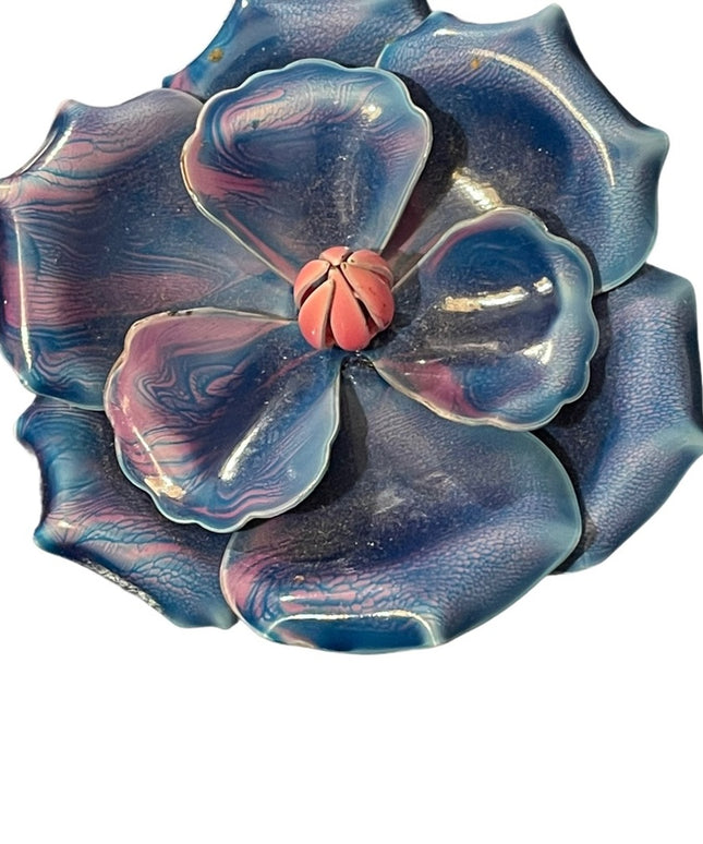Vintage LARGE pink & blue fancy metal flower brooch