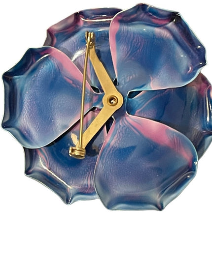 Vintage LARGE pink & blue fancy metal flower brooch