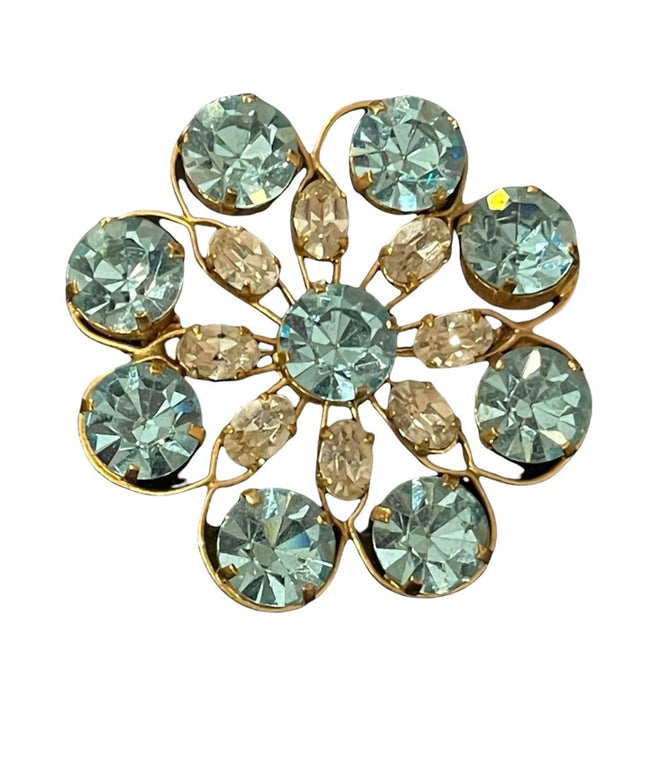 Vintage appx 1950s blue & clear crystal gold finish flower brooch