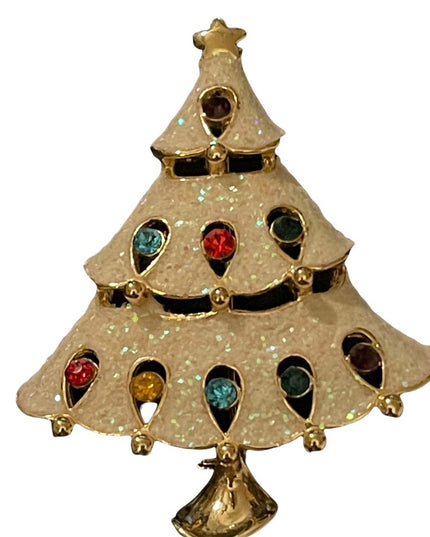 gold finish fancy enameled multi color crystal christmas tree brooch
