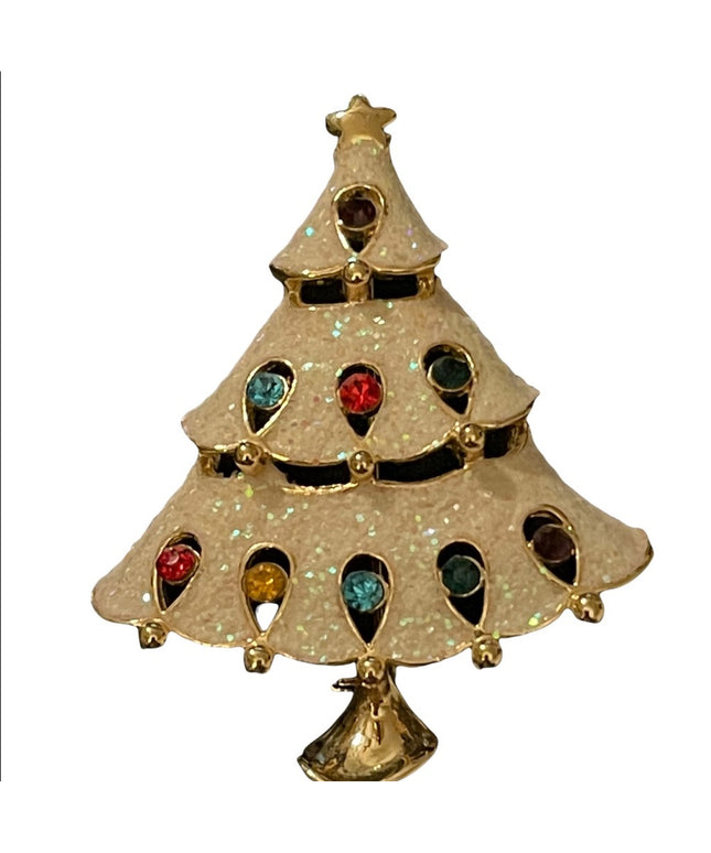 gold finish fancy enameled multi color crystal christmas tree brooch