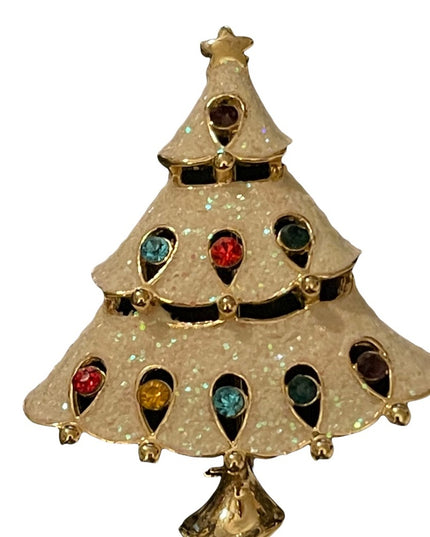 gold finish fancy enameled multi color crystal christmas tree brooch