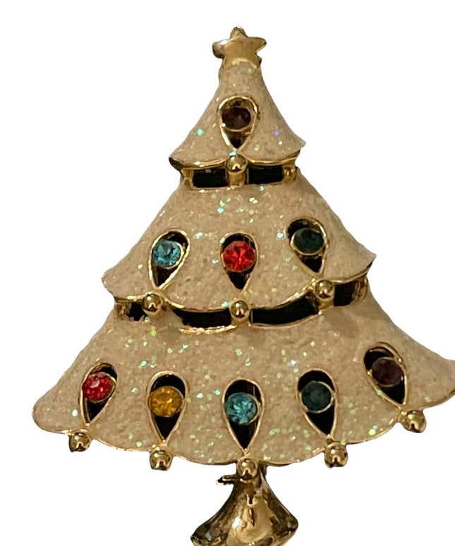gold finish fancy enameled multi color crystal christmas tree brooch