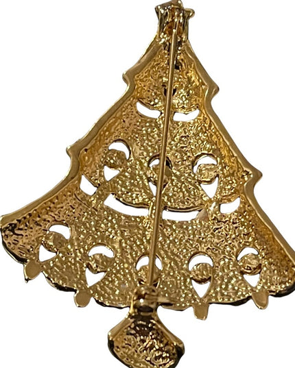gold finish fancy enameled multi color crystal christmas tree brooch
