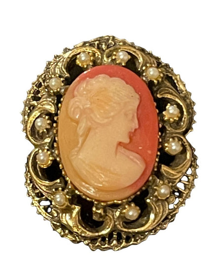 Vintage faux pearl resin cameo antiqued gold finish brooch