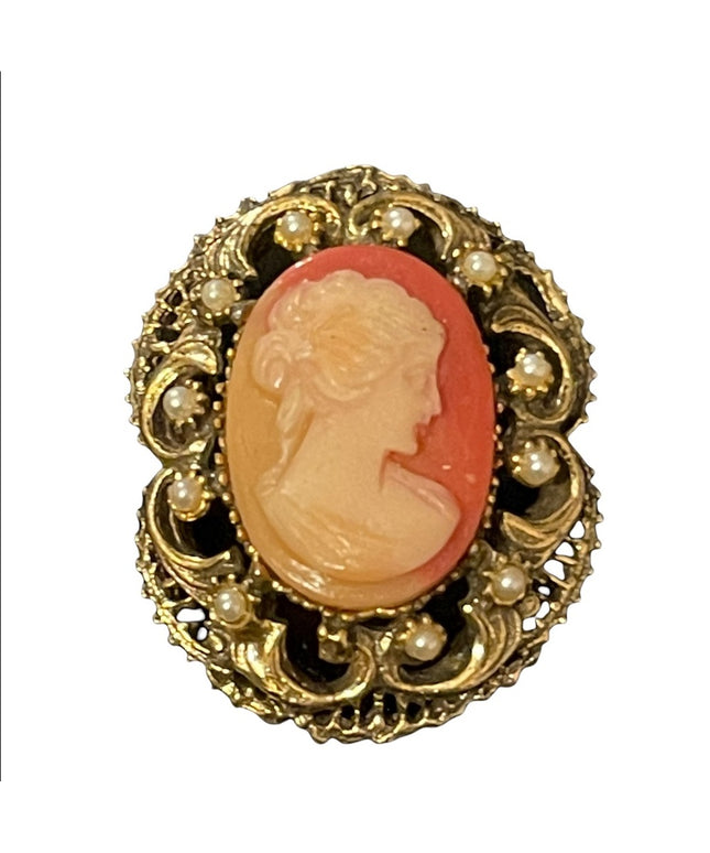 Vintage faux pearl resin cameo antiqued gold finish brooch