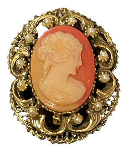 Vintage faux pearl resin cameo antiqued gold finish brooch