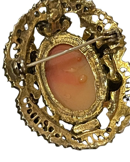 Vintage faux pearl resin cameo antiqued gold finish brooch