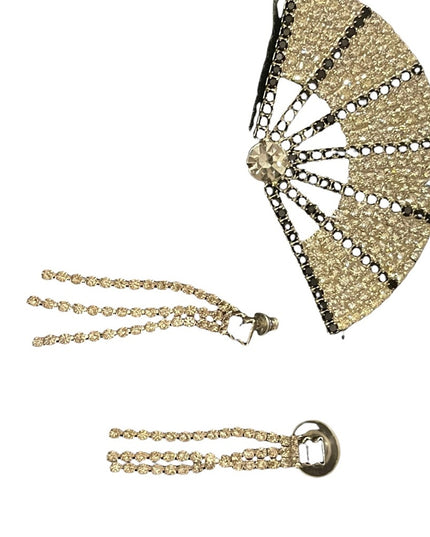 Vintage black and clear crystal fan brooch & dangle earrings SET