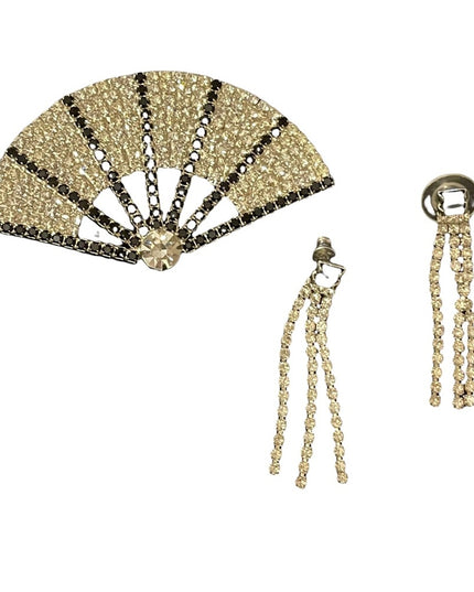 Vintage black and clear crystal fan brooch & dangle earrings SET