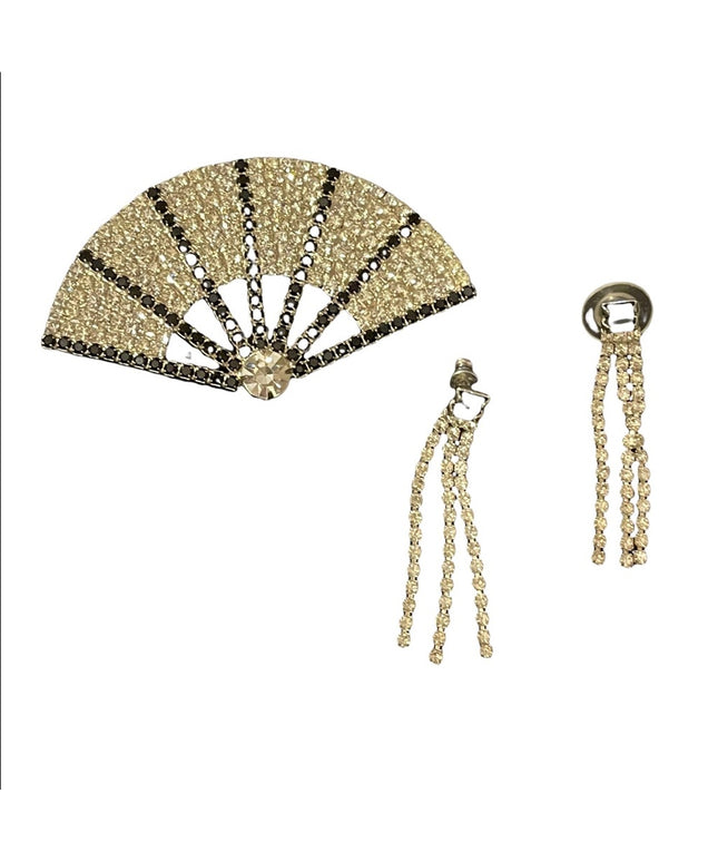Vintage black and clear crystal fan brooch & dangle earrings SET