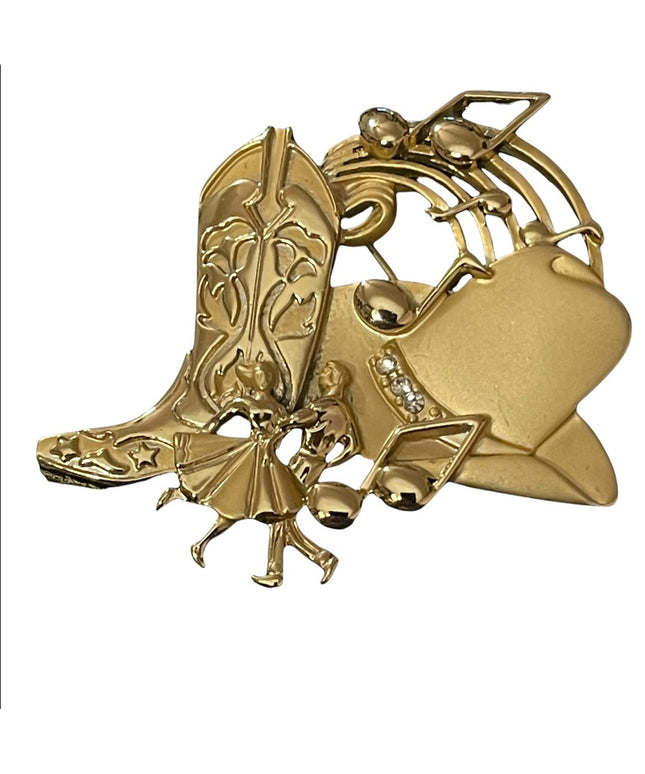 Gold cowboy square dancing fancy AJ large brooch