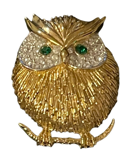 Gold finish rhinestone green crystal eye OWL brooch
