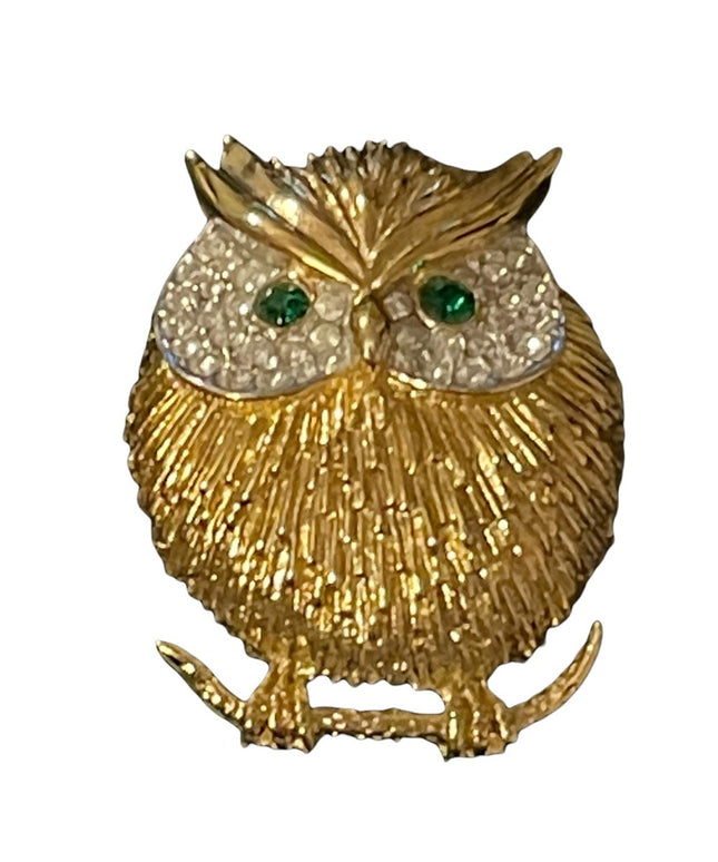 Gold finish rhinestone green crystal eye OWL brooch
