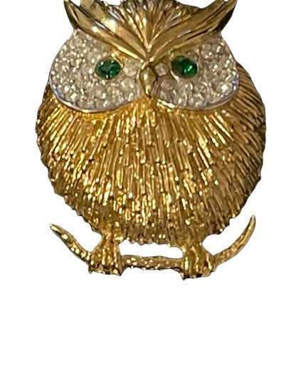 Gold finish rhinestone green crystal eye OWL brooch