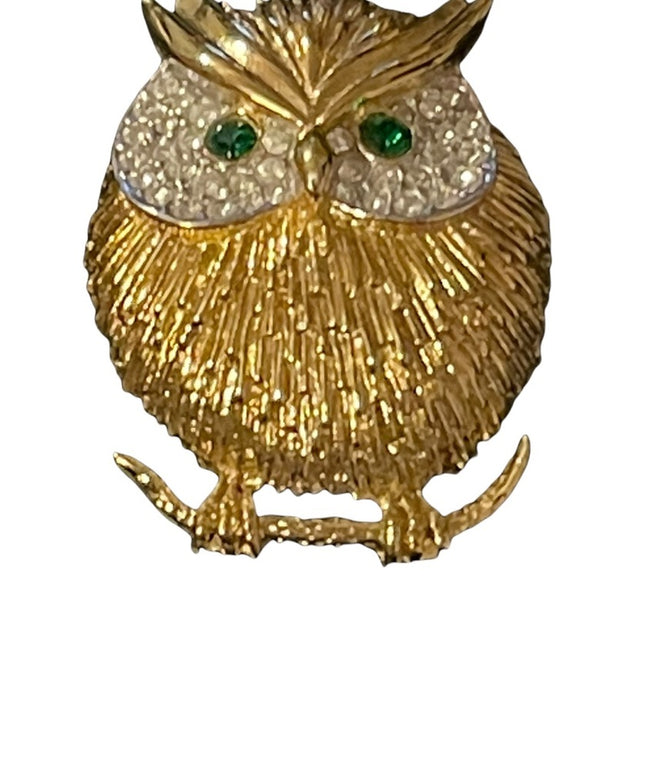 Gold finish rhinestone green crystal eye OWL brooch
