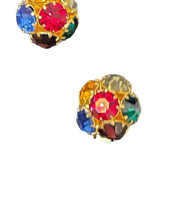Vintage HEAVY multicolor fine crystal gold finish clip on earrings