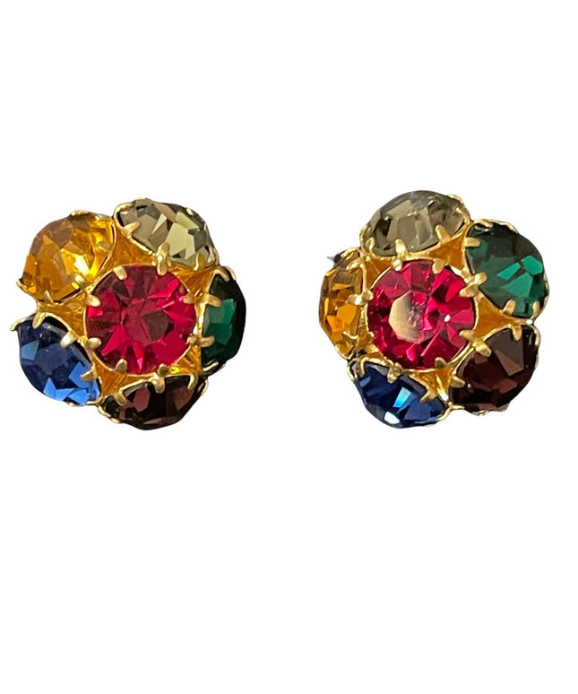 Vintage HEAVY multicolor fine crystal gold finish clip on earrings