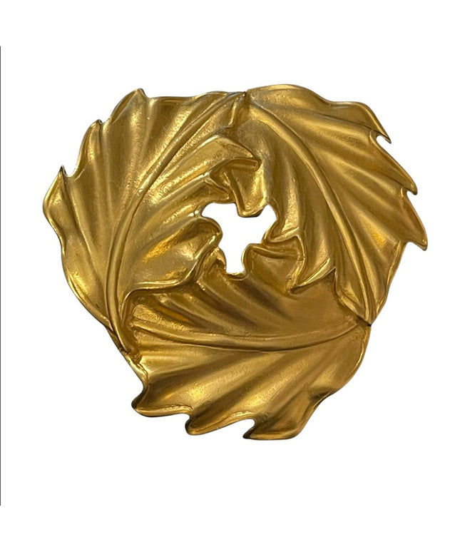 Large Heavy 3.5” Leaf gold finish brooch chunky vintage 1980s