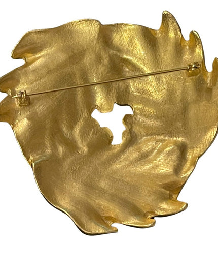 Large Heavy 3.5” Leaf gold finish brooch chunky vintage 1980s