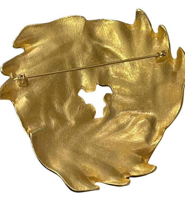Large Heavy 3.5” Leaf gold finish brooch chunky vintage 1980s