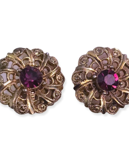 Vintage purple crystal gold finish round filagree earrings