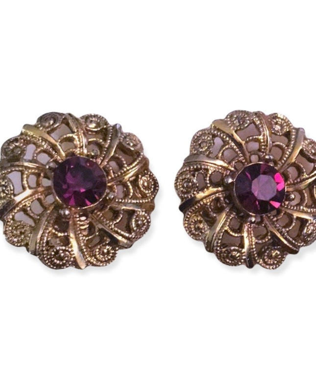 Vintage purple crystal gold finish round filagree earrings