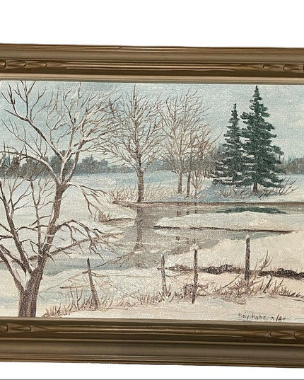 Vintage wood framed winter landscape SIGNED oil painting on board