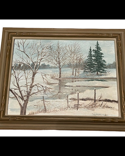Vintage wood framed winter landscape SIGNED oil painting on board
