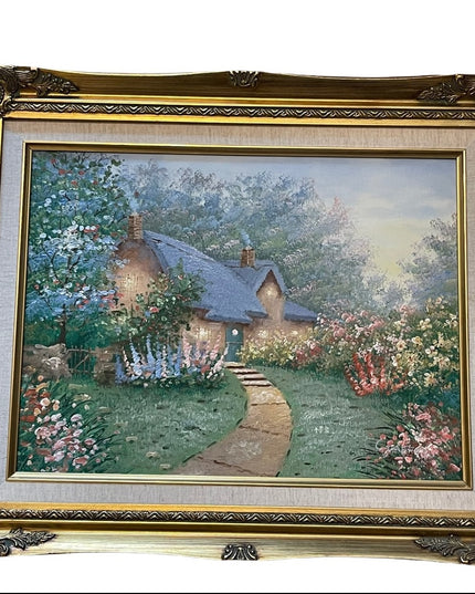 Vintage Signed Oil painting C Jaffey Summer cottage gold gilt wood frame