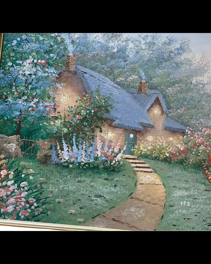 Vintage Signed Oil painting C Jaffey Summer cottage gold gilt wood frame