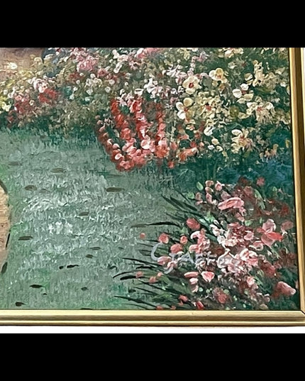 Vintage Signed Oil painting C Jaffey Summer cottage gold gilt wood frame